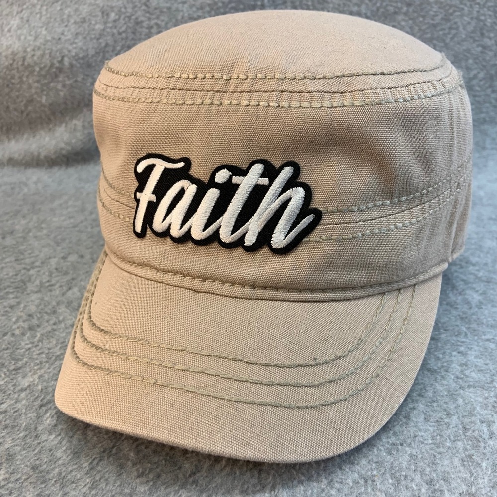 Faith Script Patch Unisex Tan Khaki Cadet Military Style Cap Hat Adjustable